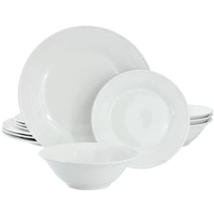 Embossed 12-Piece White Round Ceramic Dinnerware Set