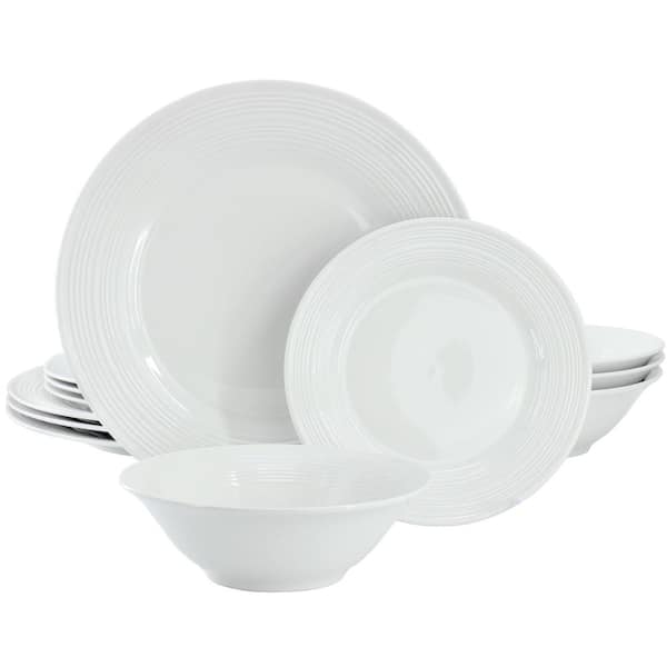 Gibson Home Embossed 12-Piece White Round Ceramic Dinnerware Set