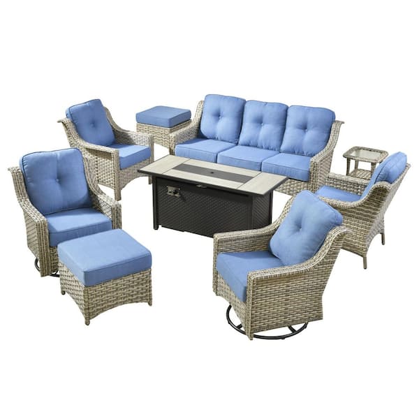 Cherry 9-Piece Wicker Outdoor Furniture Patio Fire Pit Conversation Sofa Set with Swivel Chairs and Sky Blue Cushions