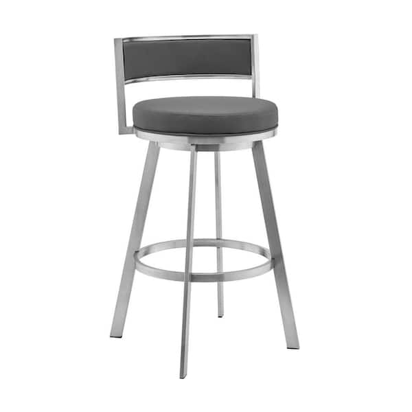 Benjara 26 in. Gray and Silver Low Back Metal Frame Bar Stool with Faux Leather Seat