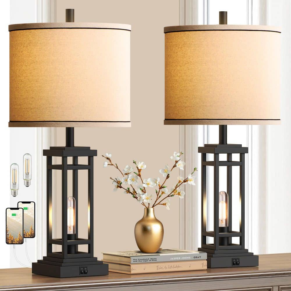 27.5 Tall Farmhouse Black Table Lamps with USB C Plus USB A Charge Ports, Rustic End Lamps (Set of 2) for Bedroom price history on PriceWatchPro