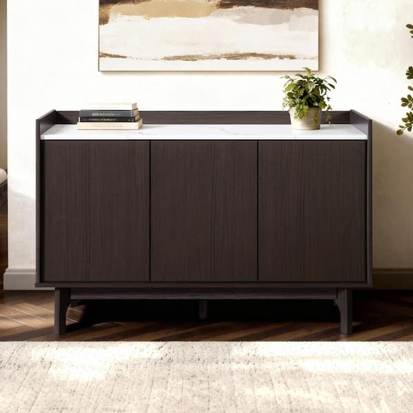 Modi Wenge Brown Faux Marble Top Sideboard Buffet Cabinet with 3 Doors, Raised Sides, Manufactured Wood