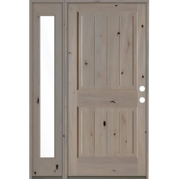 Krosswood Doors 50 in. x 80 in. Rustic Knotty Alder 2 Panel Left-Hand/Inswing Clear Glass Grey Stain Wood Prehung Front Door w/Sidelite