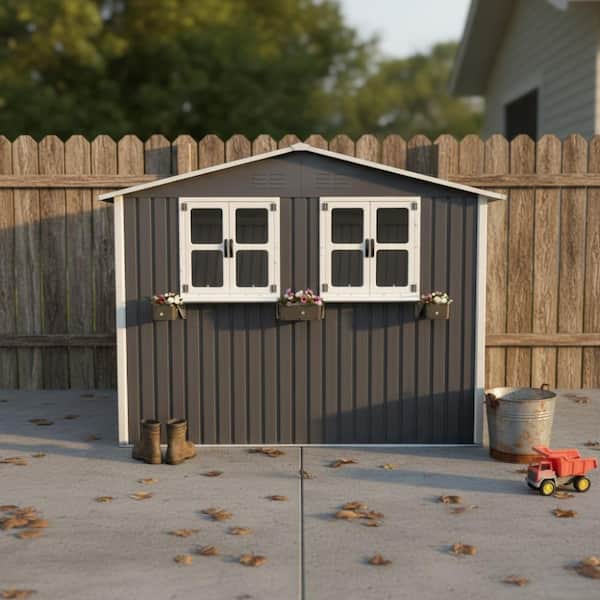 6x9 FT Outdoor Metal Storage Shed with Window & Flower Rack