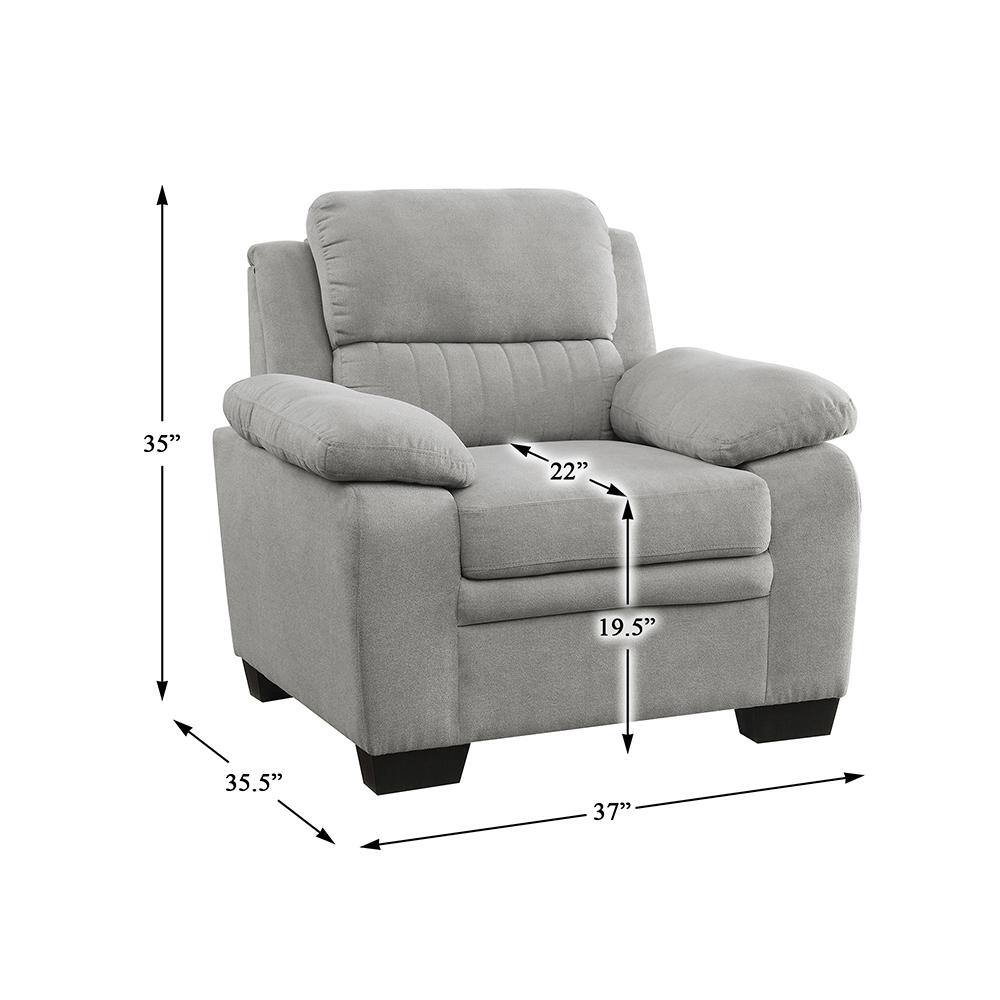 Dimension diagram of a gray armchair.
