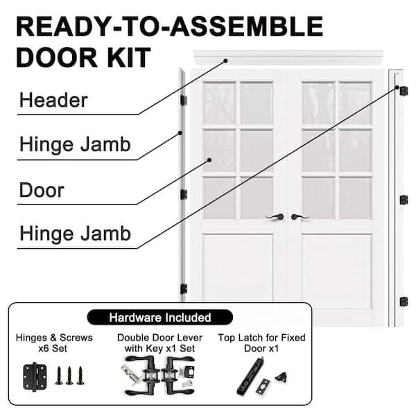 48 in. x 80 in. 6-Lite Frosted Glass Universal White Solid Core Wood Double Prehung French Door, Quick Assemble Jamb