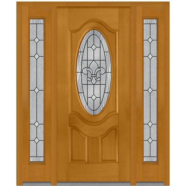 MMI Door 60 in. x 80 in. Carrollton Left-Hand Oval Lite Decorative Stained Fiberglass Mahogany Prehung Front Door with Sidelites