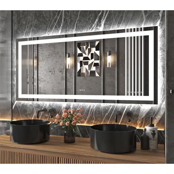 Hpeytaire 60 in. W x 28 in. H Large Rectangular Frameless Double Lighting Anti-Fog Wall Bathroom Vanity Mirror Super Bright