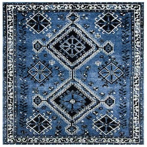 Vintage Hamadan Blue/Black 7 ft. x 7 ft. Border Geometric Square Area Rug