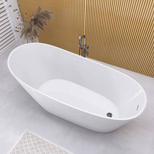55 in. x 29 in. Acrylic Freestanding Soaking Bathtub with Chrome Drain Single Slipper Flat Bottom Tub in Glossy White