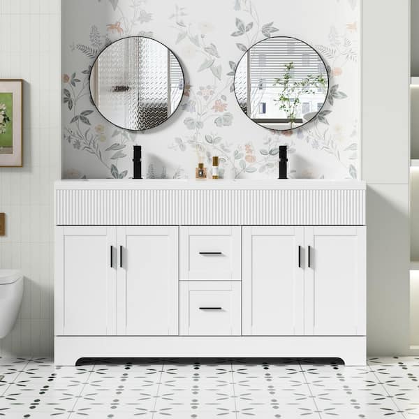 60 in. W. x 18.3 in. D x 33.7 in. H Double Sink Freestanding Bath Vanity White with White Resin Top and Drain Faucet Set