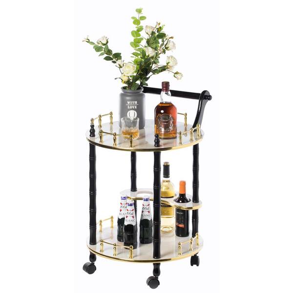 Bold Tones Black And White Round Wood Serving Bar Cart Tea Trolley With 2 Tier Shelves And Rolling Wheels Gold Qi003779 Wt The Home Depot