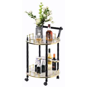 Black and White Round Wood Serving Bar Cart Tea Trolley with 2-Tier Shelves and Rolling Wheels Gold
