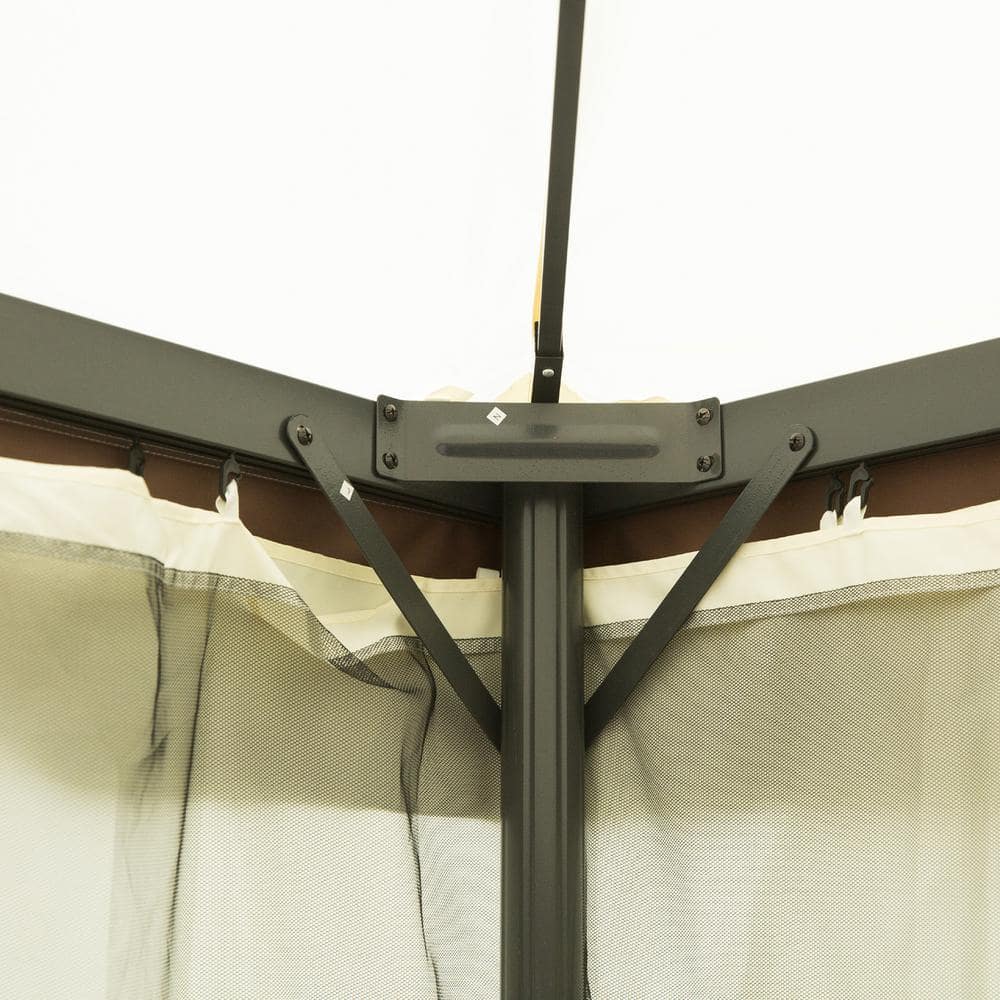 Cream White and Brown Aluminum Frame Patio Gazebo with Mesh Curtains