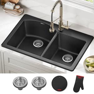 Forteza 33 in. Drop-In/Undermount 60/40 Double Bowl Black Granite Composite Kitchen Sink