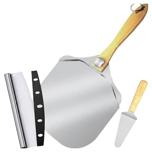 12 Inch Aluminum Pizza Peel with Foldable Wooden Handle, Pizza Rocker Cutter, Metal Pizza Spatula, Silver, 1 Set