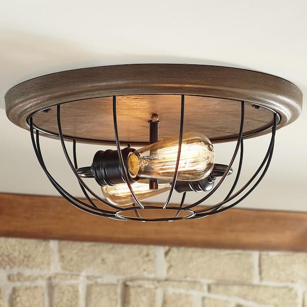 Home Decorators Collection Keaton Collection 15-3/4 in. Bronze Industrial 2-Light Bedroom Flush Mount Light with Open Cage Frame Two Bulbs Included