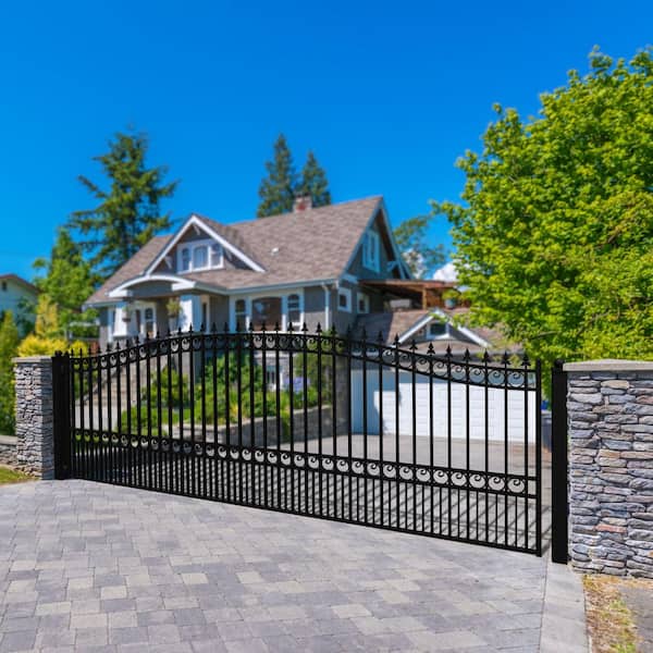 London Style 16 ft. x 6 ft. Black Steel Single Swing Driveway Fence Gate