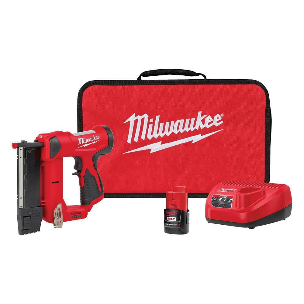 Milwaukee M12 12-Volt 23-Gauge Lithium-Ion Cordless Pin Nailer Kit with 1.5  Ah Battery, Charger and Tool Bag 2540-21 The Home Depot