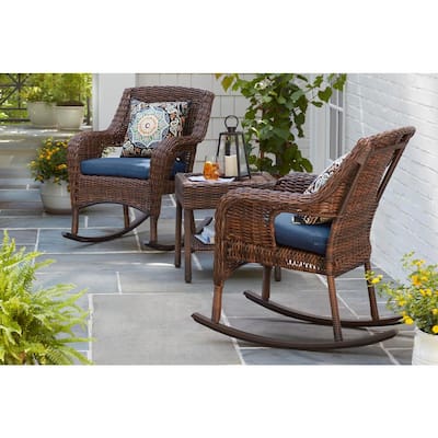 Cambridge Brown Wicker Outdoor Patio Rocking Chair with CushionGuard Midnight Navy Blue Cushions