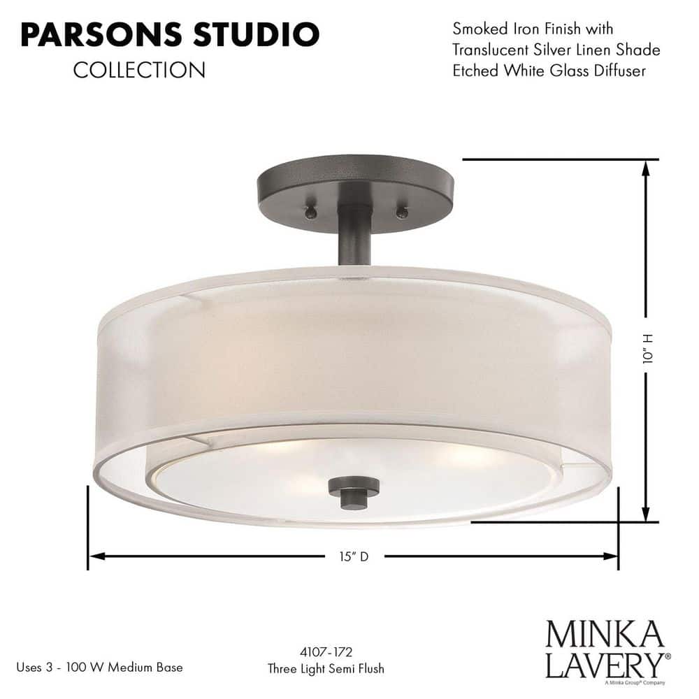 Cosmopolitan Smoked Iron 3-Light Drum Ceiling Light with Glass Diffuser