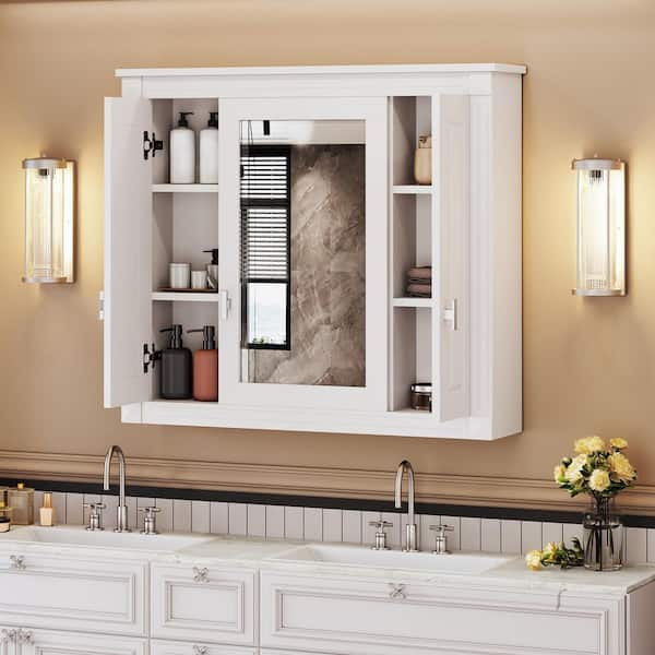 35 in. W x 28.74 in. H Rectangular MDF Medicine Cabinet in White with Mirror and 4-Shelves