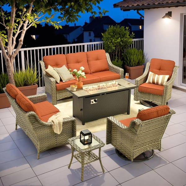 Tulip P 6-Piece Wicker Patio Fire Pit Conversation Set with Orange Red Cushions and Swivel Chairs