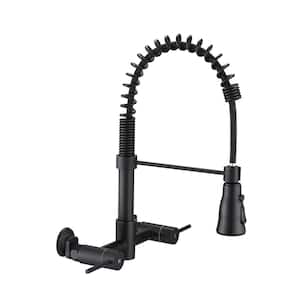 Double-Handle Wall Mounted Bridge Kitchen Faucet with Pull-Down Sprayer Head in Matte Black