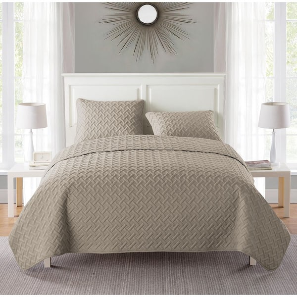 VCNY Home Nina 2 Piece Taupe Embossed Basketweave Microfiber Twin Quilt Set