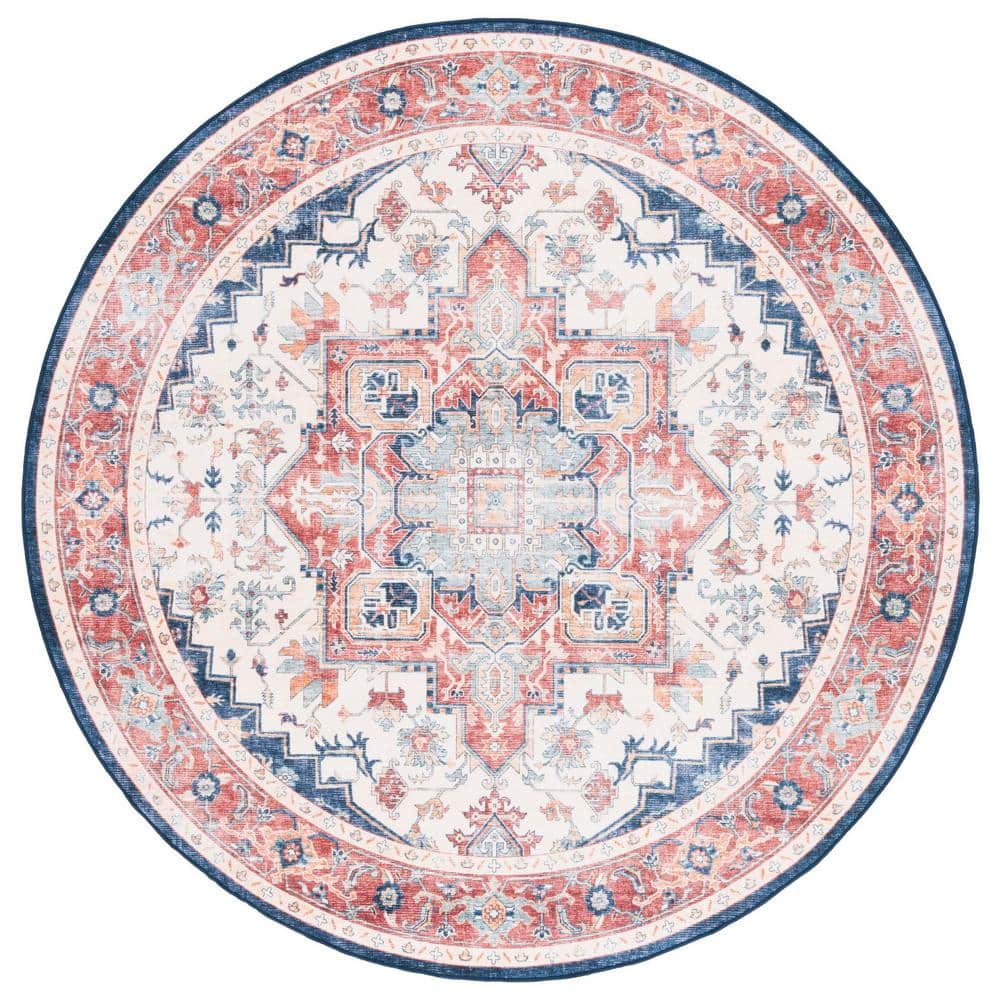 SAFAVIEH Arizona Rust/Dark Blue 6 ft. x 6 ft. Distressed Border Ornate Machine Washable Round