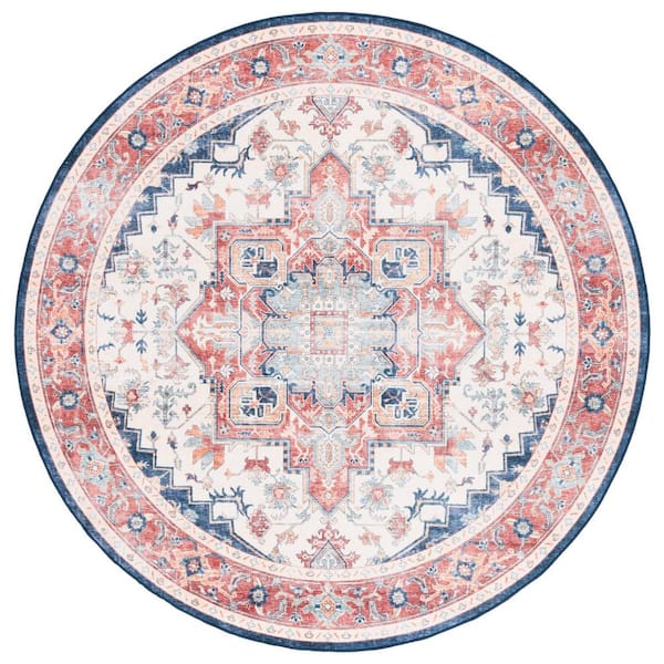 SAFAVIEH Arizona Rust/Dark Blue 6 ft. x 6 ft. Distressed Border Ornate Machine Washable Round Area Rug