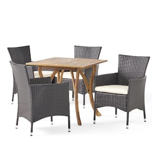 Kensley 5-Piece Wood and Faux Rattan Square Outdoor Dining Set with Beige Cushion