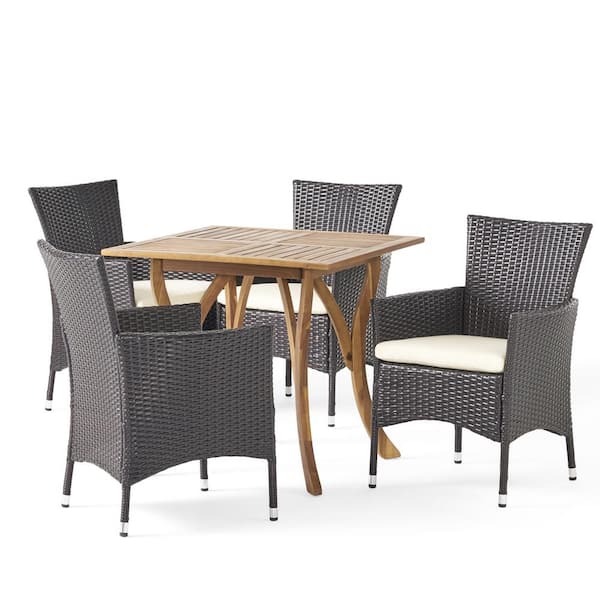 Noble House Kensley 5-Piece Wood and Faux Rattan Square Outdoor Dining Set with Beige Cushion