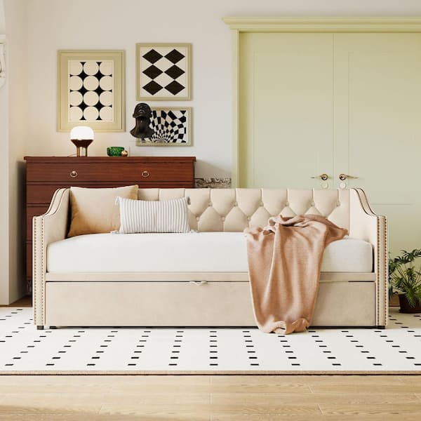Beige Twin Size Daybed with Pop Up Trundle