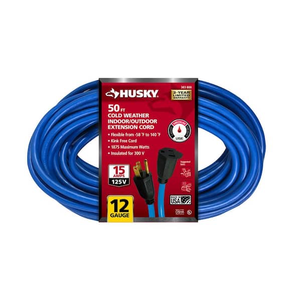 Husky 50 ft. 12/3 Medium Duty Cold Weather Indoor/Outdoor Extension Cord, Blue