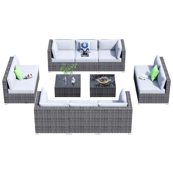 HOOOWOOO Messi Gray 12-Piece Wicker Outdoor Patio Conversation Sectional Sofa Set with Gray Cushions