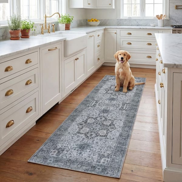 Tucson 3 ft. x 8 ft. Gray Border Medallion Washable Runner Rug