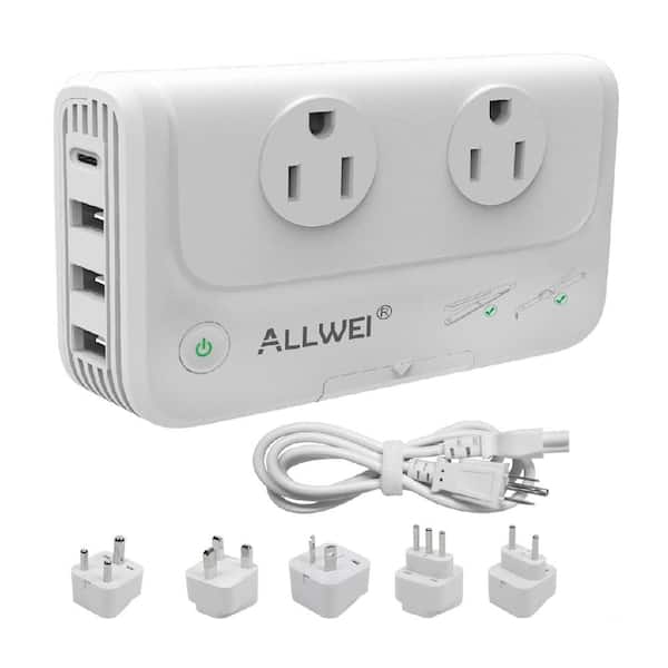 2-Outlet Power Strip Surge Protector Voltage Converter Travel Adapter with 3 USB-A Ports, 1 USB-C Port & 5 Plugs, White
