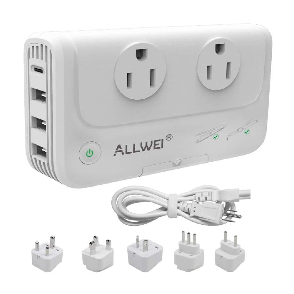 2-Outlet Power Strip Surge Protector Voltage Converter Travel Adapter with 