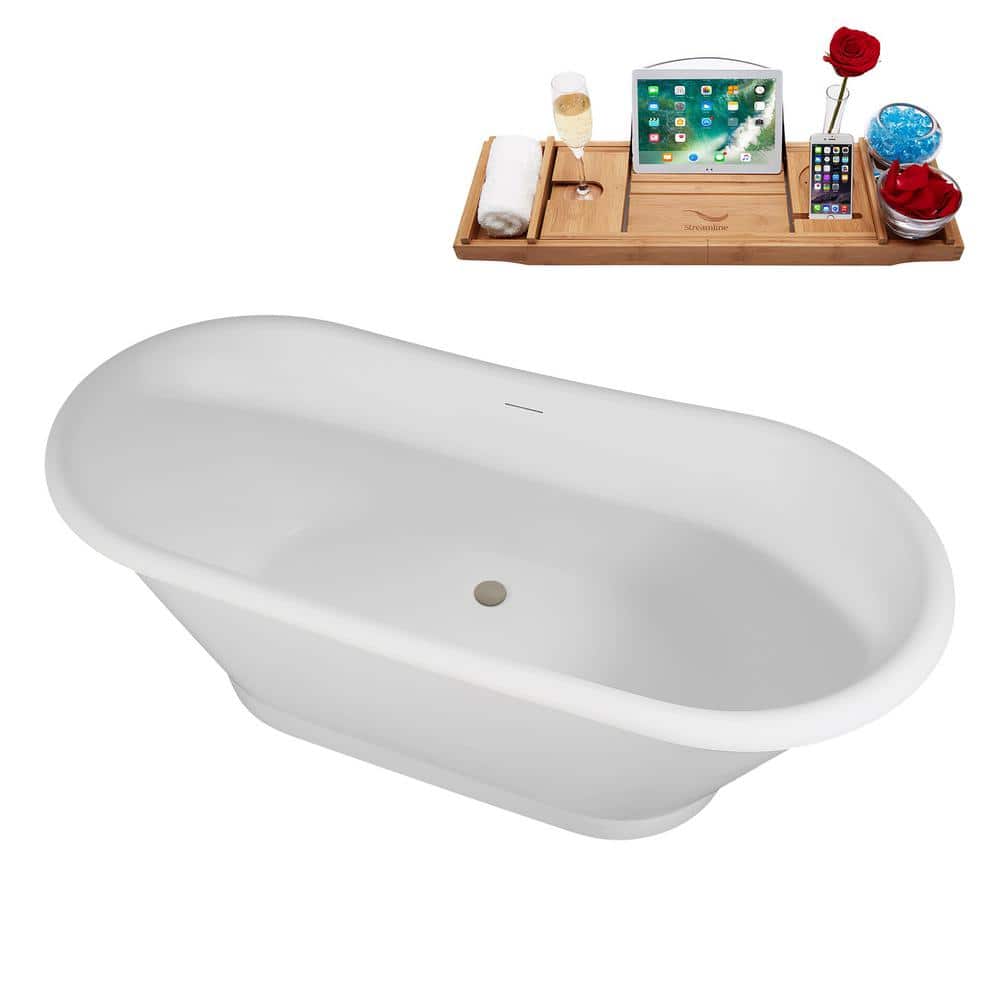 67" Matte White Acrylic Freestanding Soaking Tub with Brushed Nickel Trim