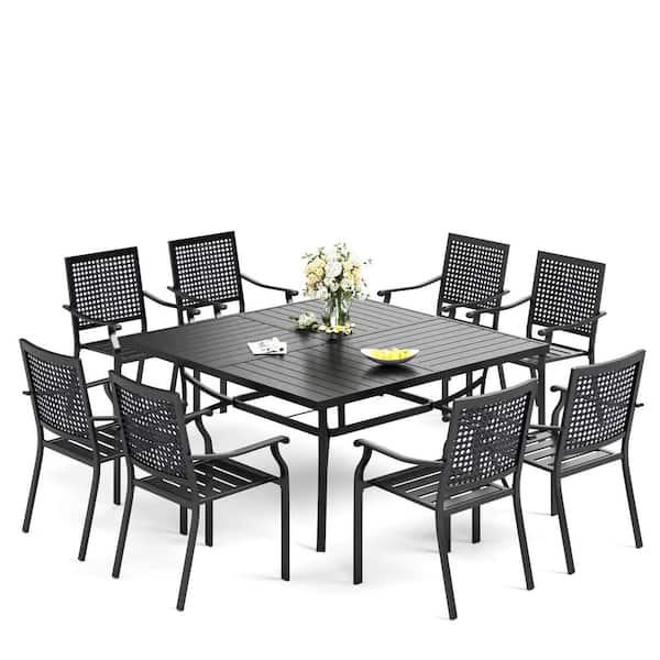 PHI VILLA 9-Piece Metal Outdoor Dining Set with Large Square Table and Black Stackable Chairs