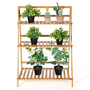 Folding Storage Shelf Indoor and Outdoor Natural Wood Ladder Plant Stand Flower Pot Display Shelf Rack 3-Tier