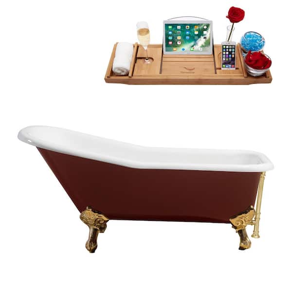 Streamline 66 in. Cast Iron Clawfoot Non-Whirlpool Bathtub in Glossy Red with Polished Gold Drain And Polished Gold Clawfeet