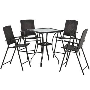 5-Piece PE Wicker Outdoor Patio Square Table Counter Height Dining Table Set with 4 Foldable Chairs, Brown