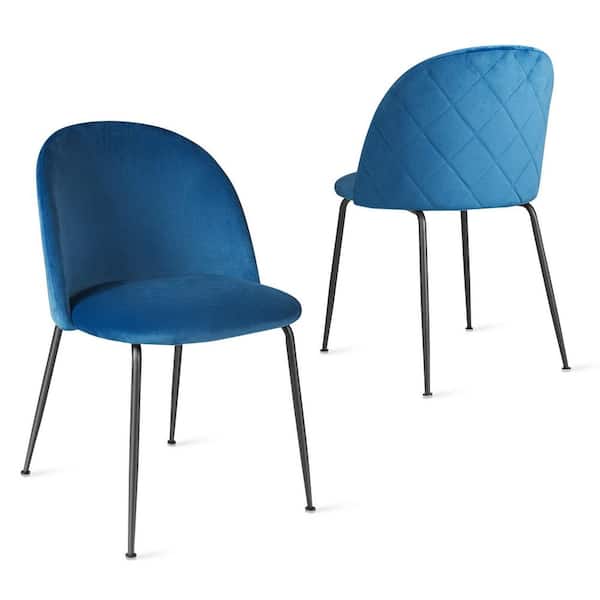 Gymax Blue Dining Chair Set of 2 Upholstered Velvet Chair Set with Metal Base for Living Room