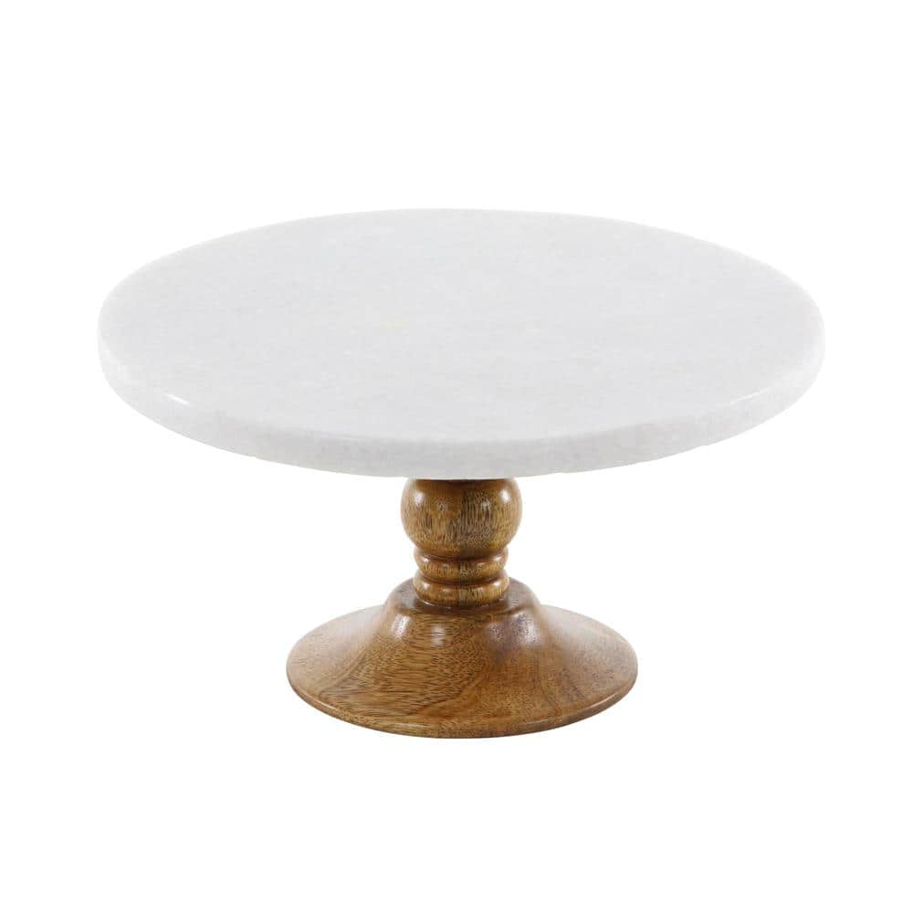White Marble and Brown Wood Cake Stand, 10" x 5"