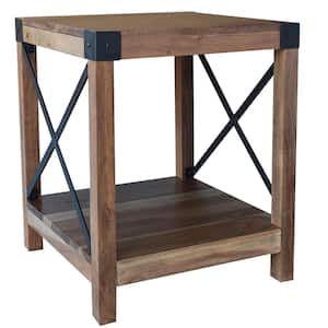 18.5 in. Brown Square Acacia Wood Rustic End Table with Iron Corner Edges and Bottom Shelf