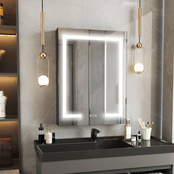 32 in. W x 24 in. H Rectangular Aluminum LED Lights Medicine Cabinet with Mirror in Right Hinge in color Black
