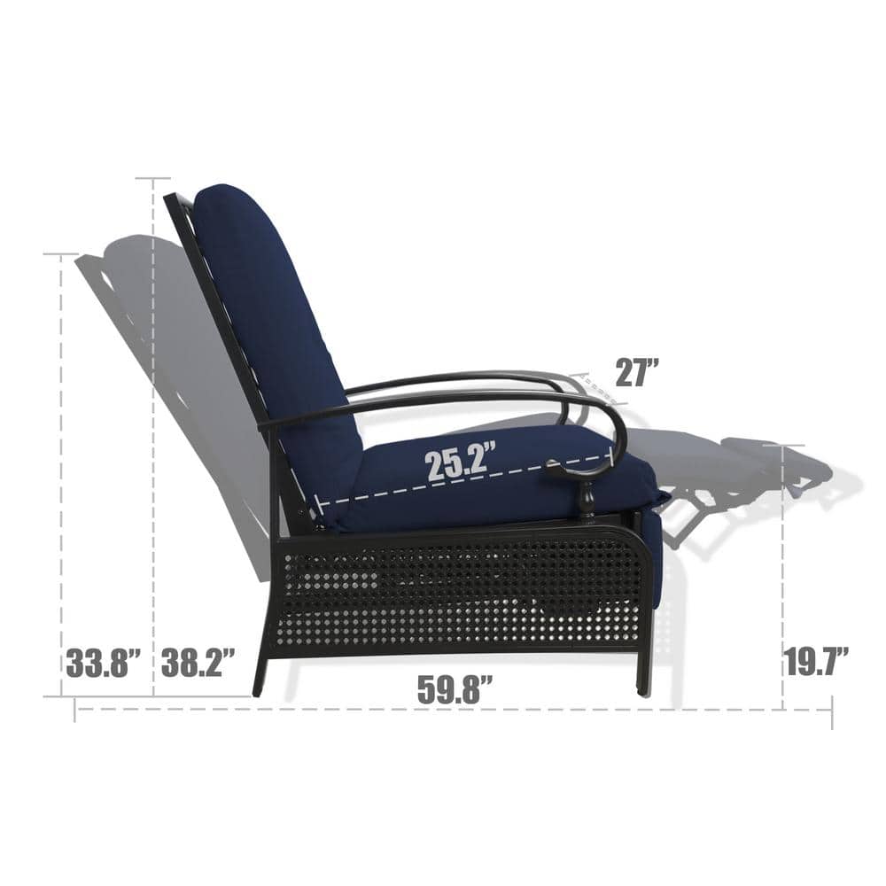 Navy Blue Cushioned Steel Outdoor Reclining Lounge Chair