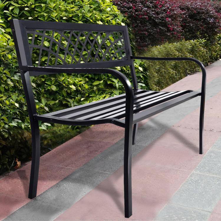 Black Steel Outdoor Bench with Mesh Backrest